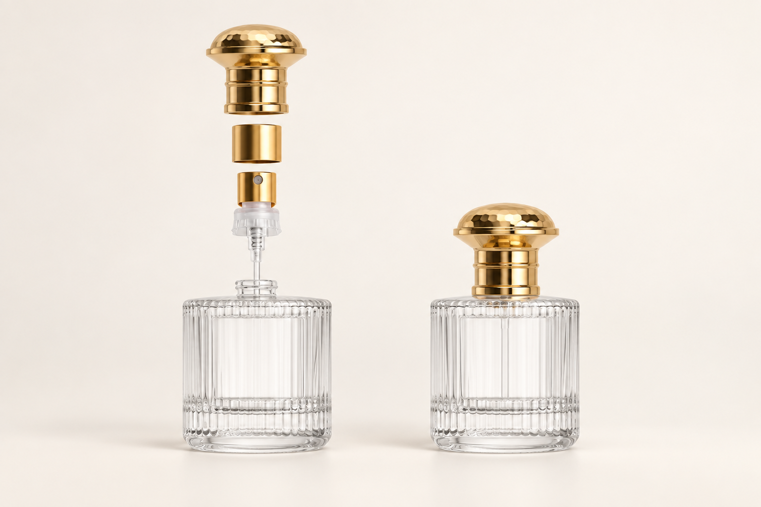 Exploded and assembled views of a matching glass perfume bottle, gold spray pump, collar and cap